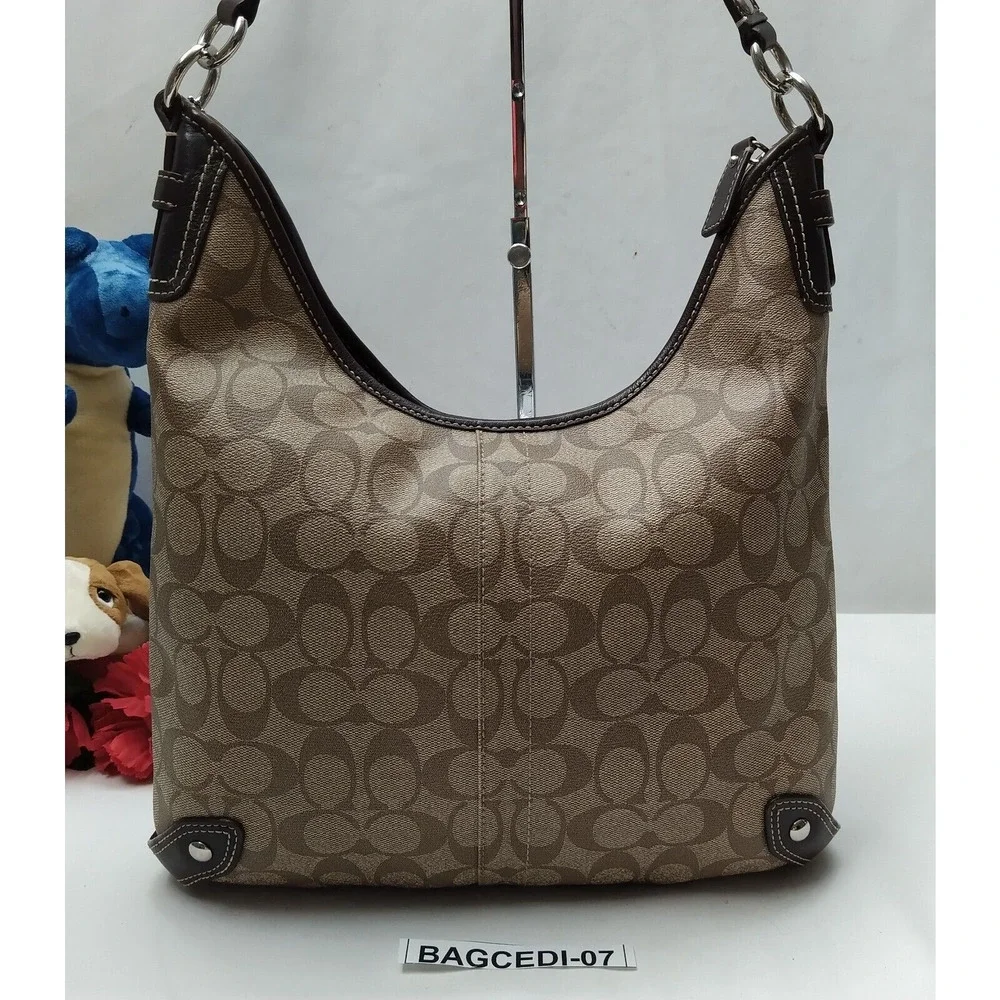 Coach Signature Brown Leather Heritage Strip Zipper Hobo Shoulder Bag